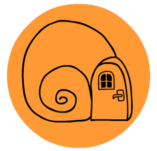 website logo - orange circle, stylized snail shell with window and funnel inside it.